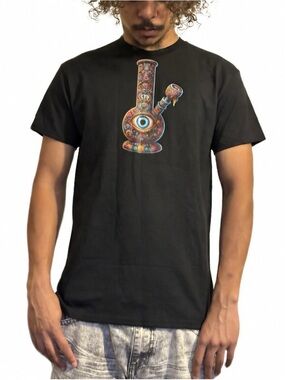 Black Short-Sleeve Graphic Tee with Multicolor Bong Motif